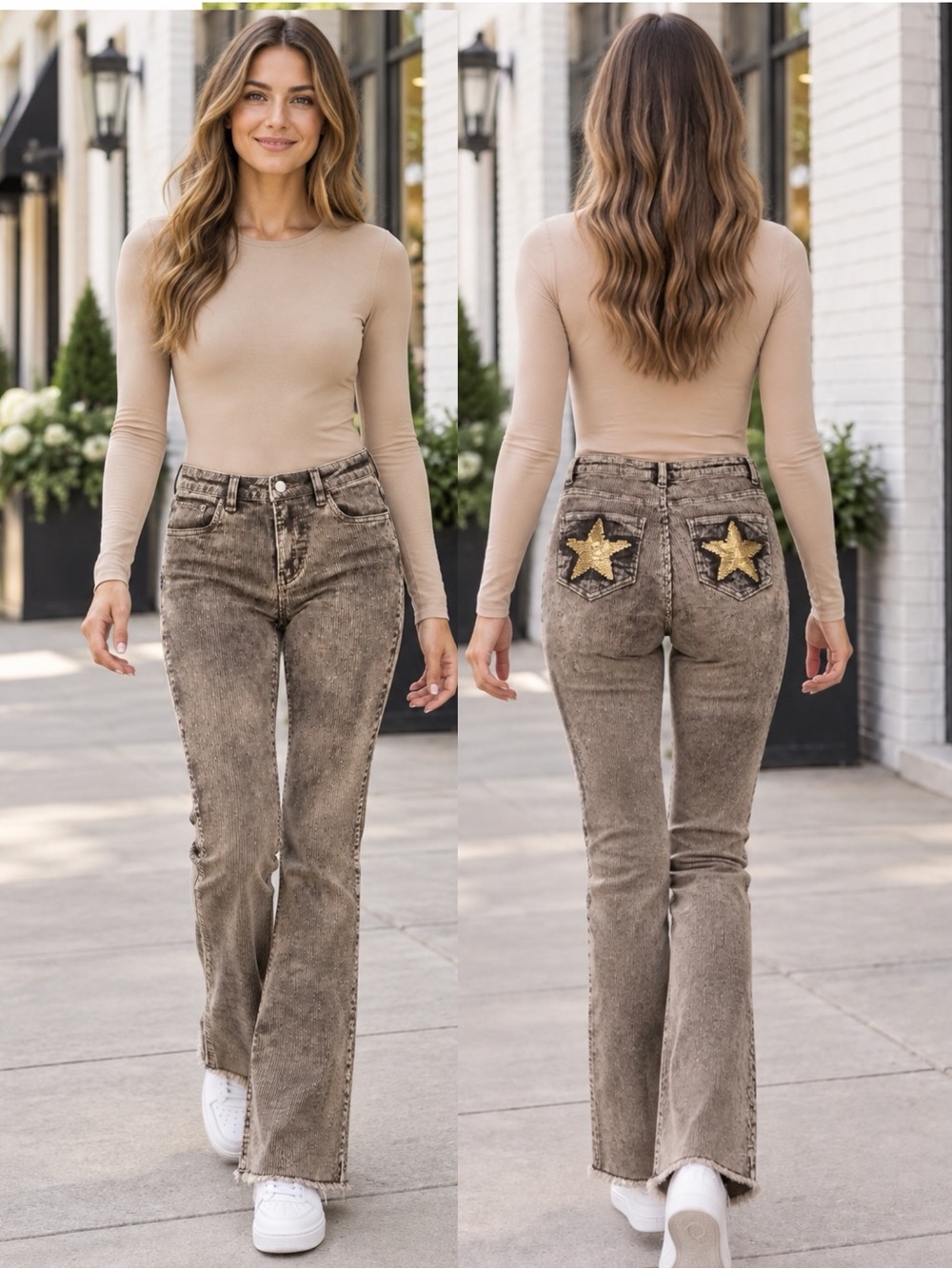 NEW blue b Dark Brown Washed Corduroy Gold Sequin Star Pockets Stretchy Jeans